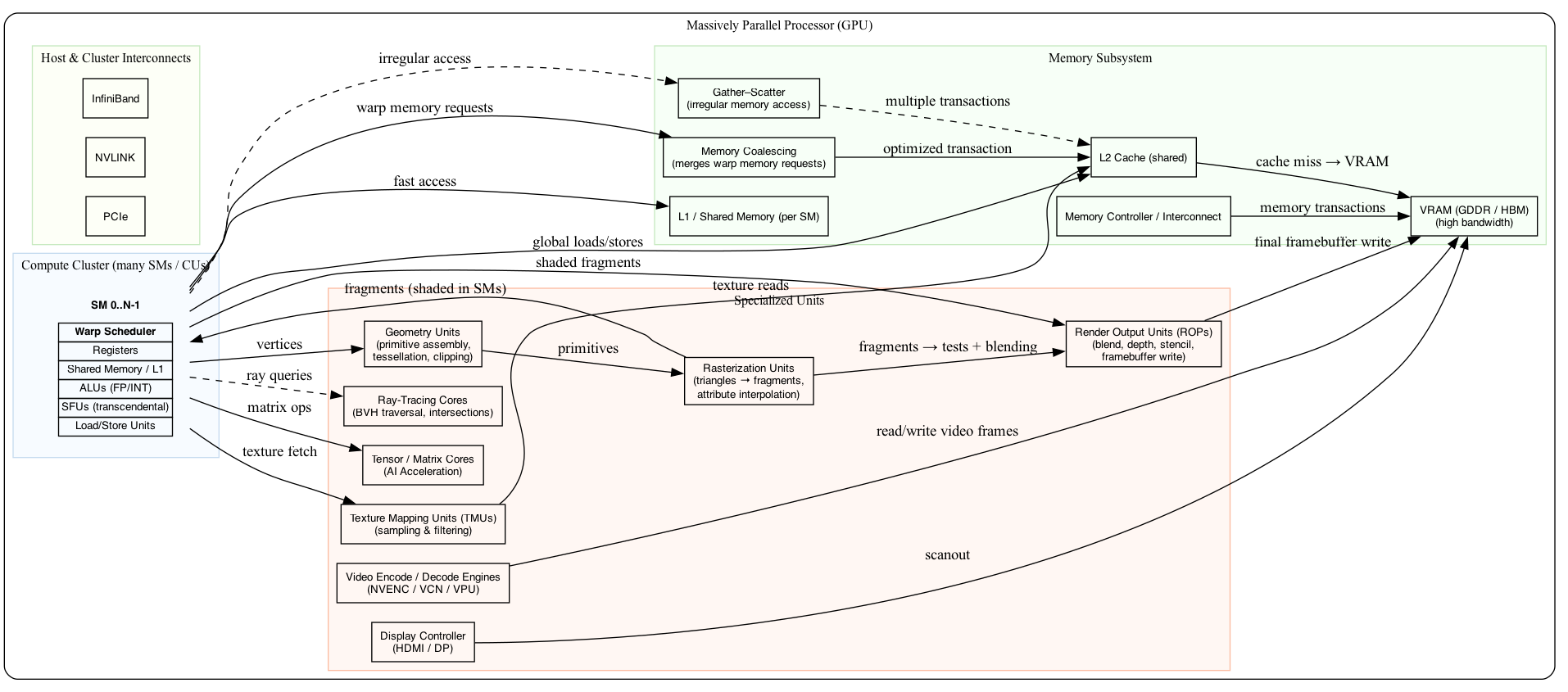 digraph GPU {
  rankdir=LR;
  bgcolor="white";
  node [shape=box, fontname="Helvetica", fontsize=10];

  /* Top-level GPU container */
  subgraph cluster_gpu {
    label = "Massively Parallel Processor (GPU)";
    style = rounded;
    color = black;
    fontsize=12;

    /* Compute cluster: many SMs/CUs */
    subgraph cluster_compute {
      label = "Compute Cluster (many SMs / CUs)";
      style = filled;
      fillcolor = "#f7fbff";
      color = "#c6dbef";

      SMs [label=<
        <TABLE BORDER="0" CELLBORDER="0" CELLSPACING="6">
          <TR><TD><B>SM 0..N-1</B></TD></TR>
          <TR><TD>
            <TABLE BORDER="0" CELLBORDER="1" CELLSPACING="0">
              <TR><TD><FONT POINT-SIZE="10"><B>Warp Scheduler</B></FONT></TD></TR>
              <TR><TD><FONT POINT-SIZE="10">Registers</FONT></TD></TR>
              <TR><TD><FONT POINT-SIZE="10">Shared Memory / L1</FONT></TD></TR>
              <TR><TD><FONT POINT-SIZE="10">ALUs (FP/INT)</FONT></TD></TR>
              <TR><TD><FONT POINT-SIZE="10">SFUs (transcendental)</FONT></TD></TR>
              <TR><TD><FONT POINT-SIZE="10">Load/Store Units</FONT></TD></TR>
            </TABLE>
          </TD></TR>
        </TABLE>
      >, shape=plaintext];
    }

    /* Specialized units */
    subgraph cluster_special {
      label = "Specialized Units";
      style = filled;
      fillcolor = "#fff7f3";
      color = "#fcbba1";

      Geo [label="Geometry Units\n(primitive assembly,\ntessellation, clipping)"];
      Raster [label="Rasterization Units\n(triangles → fragments,\nattribute interpolation)"];
      TMU  [label="Texture Mapping Units (TMUs)\n(sampling & filtering)"];
      ROP  [label="Render Output Units (ROPs)\n(blend, depth, stencil,\nframebuffer write)"];
      Tensor [label="Tensor / Matrix Cores\n(AI Acceleration)"];
      RT     [label="Ray-Tracing Cores\n(BVH traversal, intersections)"];
      Video  [label="Video Encode / Decode Engines\n(NVENC / VCN / VPU)"];
      Display [label="Display Controller\n(HDMI / DP)"];
    }

    /* Memory subsystem */
    subgraph cluster_mem {
      label = "Memory Subsystem";
      style = filled;
      fillcolor = "#f7fff7";
      color = "#c7e9c0";

      L1  [label="L1 / Shared Memory (per SM)"];
      L2  [label="L2 Cache (shared)"];
      VRAM[label="VRAM (GDDR / HBM)\n(high bandwidth)"];
      Interconnect [label="Memory Controller / Interconnect"];

      Coalescing [label="Memory Coalescing\n(merges warp memory requests)"];
      GatherScatter [label="Gather–Scatter\n(irregular memory access)"];
    }

    /* Interconnects subsystem */
    subgraph cluster_interconnects {
      label = "Host & Cluster Interconnects";
      style = filled;
      fillcolor = "#fdfff7";
      color = "#c7e9c0";

      PCIe  [label="PCIe"];
      NVLINK  [label="NVLINK"];
      InfiniBand [label="InfiniBand"];
    }

    /* Connections between major blocks */
    SMs -> Geo [label=" vertices"];
    Geo -> Raster [label=" primitives"];
    Raster -> SMs [label=" fragments (shaded in SMs)"];

    SMs -> TMU [label=" texture fetch"];
    SMs -> Tensor [label=" matrix ops"];
    SMs -> RT [label=" ray queries", style=dashed];

    Raster -> ROP [label=" fragments → tests + blending"];
    SMs -> ROP [label=" shaded fragments"];
    ROP  -> VRAM [label=" final framebuffer write"];

    /* Memory subsystem connections */
    SMs -> L1 [label=" fast access"];
    TMU  -> L2 [label=" texture reads"];
    SMs -> L2 [label=" global loads/stores"];
    L2   -> VRAM [label=" cache miss → VRAM"];
    Interconnect -> VRAM [label=" memory transactions"];

    /* Memory behavior connections */
    SMs -> Coalescing [label=" warp memory requests"];
    Coalescing -> L2 [label=" optimized transaction"];
    SMs -> GatherScatter [label=" irregular access", style=dashed];
    GatherScatter -> L2 [label=" multiple transactions", style=dashed];

    /* Video/Display */
    Video -> VRAM [label=" read/write video frames"];
    Display -> VRAM [label=" scanout"];
  }
}