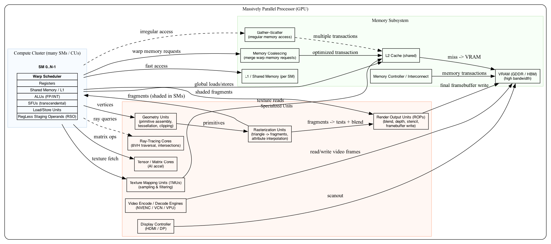 digraph GPU {
  rankdir=LR;
  bgcolor="white";
  node [shape=box, fontname="Helvetica", fontsize=10];

  /* Top-level GPU container */
  subgraph cluster_gpu {
    label = "Massively Parallel Processor (GPU)";
    style = rounded;
    color = black;
    fontsize=12;

    /* Compute cluster: many SMs/CUs */
    subgraph cluster_compute {
      label = "Compute Cluster (many SMs / CUs)";
      style = filled;
      fillcolor = "#f7fbff";
      color = "#c6dbef";

      SMs [label=<
        <TABLE BORDER="0" CELLBORDER="0" CELLSPACING="6">
          <TR><TD><B>SM 0..N-1</B></TD></TR>
          <TR><TD>
            <TABLE BORDER="0" CELLBORDER="1" CELLSPACING="0">
              <TR><TD><FONT POINT-SIZE="10"><B>Warp Scheduler</B></FONT></TD></TR>
              <TR><TD><FONT POINT-SIZE="10">Registers</FONT></TD></TR>
              <TR><TD><FONT POINT-SIZE="10">Shared Memory / L1</FONT></TD></TR>
              <TR><TD><FONT POINT-SIZE="10">ALUs (FP/INT)</FONT></TD></TR>
              <TR><TD><FONT POINT-SIZE="10">SFUs (transcendental)</FONT></TD></TR>
              <TR><TD><FONT POINT-SIZE="10">Load/Store Units</FONT></TD></TR>
              <TR><TD><FONT POINT-SIZE="10">RegLess Staging Operands (RSO)</FONT></TD></TR>
            </TABLE>
          </TD></TR>
        </TABLE>
      >, shape=plaintext];
    }

    /* Specialized units */
    subgraph cluster_special {
      label = "Specialized Units";
      style = filled;
      fillcolor = "#fff7f3";
      color = "#fcbba1";

      Geo [label="Geometry Units\n(primitive assembly,\ntessellation, clipping)"];
      Raster [label="Rasterization Units\n(triangle -> fragments,\nattribute interpolation)"];
      TMU  [label="Texture Mapping Units (TMUs)\n(sampling & filtering)"];
      ROP  [label="Render Output Units (ROPs)\n(blend, depth, stencil,\nframebuffer write)"];
      Tensor [label="Tensor / Matrix Cores\n(AI accel)"];
      RT     [label="Ray-Tracing Cores\n(BVH traversal, intersections)"];
      Video  [label="Video Encode / Decode Engines\n(NVENC / VCN / VPU)"];
      Display [label="Display Controller\n(HDMI / DP)"];
    }

    /* Memory subsystem */
    subgraph cluster_mem {
      label = "Memory Subsystem";
      style = filled;
      fillcolor = "#f7fff7";
      color = "#c7e9c0";

      L1  [label="L1 / Shared Memory (per SM)"];
      L2  [label="L2 Cache (shared)"];
      VRAM[label="VRAM (GDDR / HBM)\n(high bandwidth)"];
      Interconnect [label="Memory Controller / Interconnect"];

      Coalescing [label="Memory Coalescing\n(merge warp memory requests)"];
      GatherScatter [label="Gather–Scatter\n(irregular memory access)"];
    }

    /* Connections between major blocks */
    SMs -> Geo [label=" vertices"];
    Geo -> Raster [label=" primitives"];
    Raster -> SMs [label=" fragments (shaded in SMs)"];

    SMs -> TMU [label=" texture fetch"];
    SMs -> Tensor [label=" matrix ops"];
    SMs -> RT [label=" ray queries", style=dashed];

    Raster -> ROP [label=" fragments -> tests + blend"];
    SMs -> ROP [label=" shaded fragments"];
    ROP  -> VRAM [label=" final framebuffer write"];

    /* Memory subsystem connections */
    SMs -> L1 [label=" fast access"];
    TMU  -> L2 [label=" texture reads"];
    SMs -> L2 [label=" global loads/stores"];
    L2   -> VRAM [label=" miss -> VRAM"];
    Interconnect -> VRAM [label=" memory transactions"];

    /* Memory behavior connections */
    SMs -> Coalescing [label=" warp memory requests"];
    Coalescing -> L2 [label=" optimized transaction"];
    SMs -> GatherScatter [label=" irregular access", style=dashed];
    GatherScatter -> L2 [label=" multiple transactions", style=dashed];

    /* Video/Display */
    Video -> VRAM [label=" read/write video frames"];
    Display -> VRAM [label=" scanout"];
  }
}