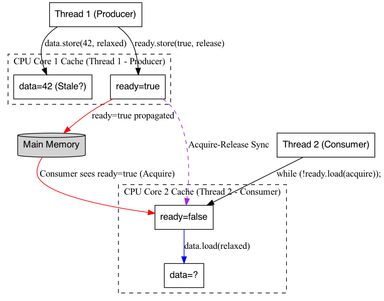 digraph MemoryOrderAcquireCache {
    rankdir=TB;
    node [shape=box, fontname="Helvetica"];

    // Main memory
    MainMemory [label="Main Memory", shape=cylinder, style=filled, fillcolor=lightgray];

    // CPU caches
    subgraph cluster_cache1 {
        label="CPU Core 1 Cache (Thread 1 - Producer)";
        style=dashed;
        Cache1_Data [label="data=42 (Stale?)"];
        Cache1_Ready [label="ready=true"];
    }

    subgraph cluster_cache2 {
        label="CPU Core 2 Cache (Thread 2 - Consumer)";
        style=dashed;
        Cache2_Data [label="data=?"];
        Cache2_Ready [label="ready=false"];
    }

    // Threads
    Thread1 [label="Thread 1 (Producer)"];
    Thread2 [label="Thread 2 (Consumer)"];

    // Memory operations in Thread 1 (Producer)
    Thread1 -> Cache1_Data [label="data.store(42, relaxed)"];
    Thread1 -> Cache1_Ready [label="ready.store(true, release)"];
    
    // Memory propagation
    Cache1_Ready -> MainMemory [label="ready=true propagated", color=red];
    MainMemory -> Cache2_Ready [label="Consumer sees ready=true (Acquire)", color=red];

    // Memory operations in Thread 2 (Consumer)
    Thread2 -> Cache2_Ready [label="while (!ready.load(acquire));"];
    Cache2_Ready -> Cache2_Data [label="data.load(relaxed)", color=blue];

    // Synchronization path
    Cache1_Ready -> Cache2_Ready [label="Acquire-Release Sync", style=dashed, color=purple];
}