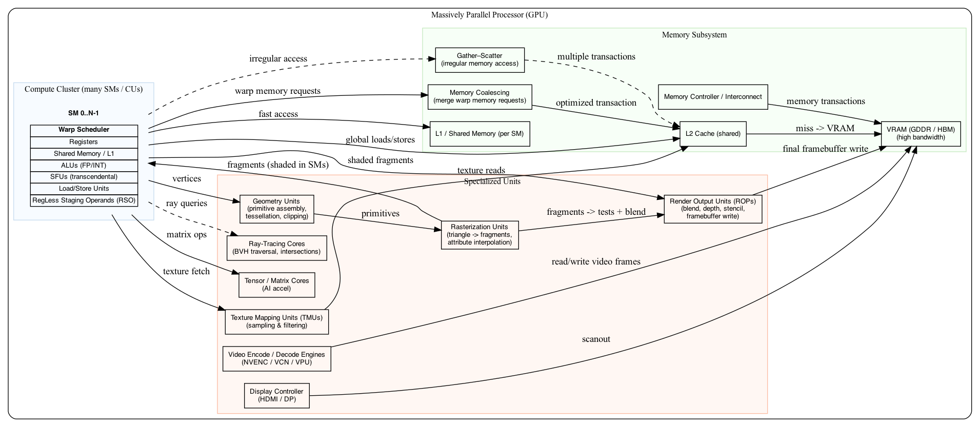 digraph GPU {
  rankdir=LR;
  bgcolor="white";
  node [shape=box, fontname="Helvetica", fontsize=10];

  /* Top-level GPU container */
  subgraph cluster_gpu {
    label = "Massively Parallel Processor (GPU)";
    style = rounded;
    color = black;
    fontsize=12;

    /* Compute cluster: many SMs/CUs */
    subgraph cluster_compute {
      label = "Compute Cluster (many SMs / CUs)";
      style = filled;
      fillcolor = "#f7fbff";
      color = "#c6dbef";

      SMs [label=<
        <TABLE BORDER="0" CELLBORDER="0" CELLSPACING="6">
          <TR><TD><B>SM 0..N-1</B></TD></TR>
          <TR><TD>
            <TABLE BORDER="0" CELLBORDER="1" CELLSPACING="0">
              <TR><TD><FONT POINT-SIZE="10"><B>Warp Scheduler</B></FONT></TD></TR>
              <TR><TD><FONT POINT-SIZE="10">Registers</FONT></TD></TR>
              <TR><TD><FONT POINT-SIZE="10">Shared Memory / L1</FONT></TD></TR>
              <TR><TD><FONT POINT-SIZE="10">ALUs (FP/INT)</FONT></TD></TR>
              <TR><TD><FONT POINT-SIZE="10">SFUs (transcendental)</FONT></TD></TR>
              <TR><TD><FONT POINT-SIZE="10">Load/Store Units</FONT></TD></TR>
              <TR><TD><FONT POINT-SIZE="10">RegLess Staging Operands (RSO)</FONT></TD></TR>
            </TABLE>
          </TD></TR>
        </TABLE>
      >, shape=plaintext];
    }

    /* Specialized units */
    subgraph cluster_special {
      label = "Specialized Units";
      style = filled;
      fillcolor = "#fff7f3";
      color = "#fcbba1";

      Geo [label="Geometry Units\n(primitive assembly,\ntessellation, clipping)"];
      Raster [label="Rasterization Units\n(triangle -> fragments,\nattribute interpolation)"];
      TMU  [label="Texture Mapping Units (TMUs)\n(sampling & filtering)"];
      ROP  [label="Render Output Units (ROPs)\n(blend, depth, stencil,\nframebuffer write)"];
      Tensor [label="Tensor / Matrix Cores\n(AI accel)"];
      RT     [label="Ray-Tracing Cores\n(BVH traversal, intersections)"];
      Video  [label="Video Encode / Decode Engines\n(NVENC / VCN / VPU)"];
      Display [label="Display Controller\n(HDMI / DP)"];
    }

    /* Memory subsystem */
    subgraph cluster_mem {
      label = "Memory Subsystem";
      style = filled;
      fillcolor = "#f7fff7";
      color = "#c7e9c0";

      L1  [label="L1 / Shared Memory (per SM)"];
      L2  [label="L2 Cache (shared)"];
      VRAM[label="VRAM (GDDR / HBM)\n(high bandwidth)"];
      Interconnect [label="Memory Controller / Interconnect"];

      Coalescing [label="Memory Coalescing\n(merge warp memory requests)"];
      GatherScatter [label="Gather–Scatter\n(irregular memory access)"];
    }

    /* Connections between major blocks */
    SMs -> Geo [label=" vertices"];
    Geo -> Raster [label=" primitives"];
    Raster -> SMs [label=" fragments (shaded in SMs)"];

    SMs -> TMU [label=" texture fetch"];
    SMs -> Tensor [label=" matrix ops"];
    SMs -> RT [label=" ray queries", style=dashed];

    Raster -> ROP [label=" fragments -> tests + blend"];
    SMs -> ROP [label=" shaded fragments"];
    ROP  -> VRAM [label=" final framebuffer write"];

    /* Memory subsystem connections */
    SMs -> L1 [label=" fast access"];
    TMU  -> L2 [label=" texture reads"];
    SMs -> L2 [label=" global loads/stores"];
    L2   -> VRAM [label=" miss -> VRAM"];
    Interconnect -> VRAM [label=" memory transactions"];

    /* Memory behavior connections */
    SMs -> Coalescing [label=" warp memory requests"];
    Coalescing -> L2 [label=" optimized transaction"];
    SMs -> GatherScatter [label=" irregular access", style=dashed];
    GatherScatter -> L2 [label=" multiple transactions", style=dashed];

    /* Video/Display */
    Video -> VRAM [label=" read/write video frames"];
    Display -> VRAM [label=" scanout"];
  }
}